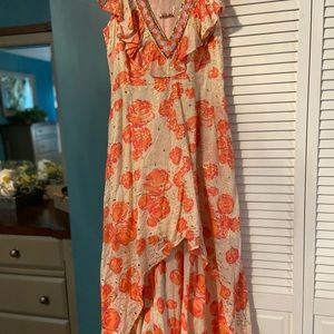 Boston Proper hi-lo beige/orange dress with gold sequins and orange beads.